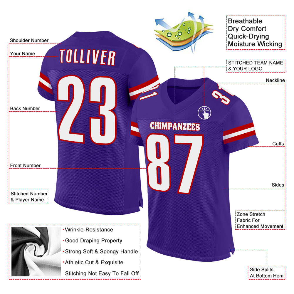 Custom Purple White-Red Mesh Authentic Football Jersey view 2