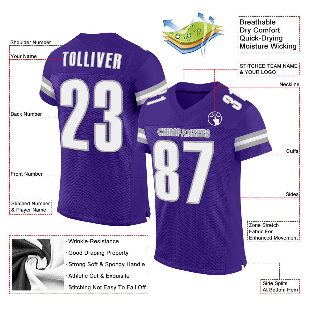 Custom Purple White-Gray Mesh Authentic Football Jersey view 2