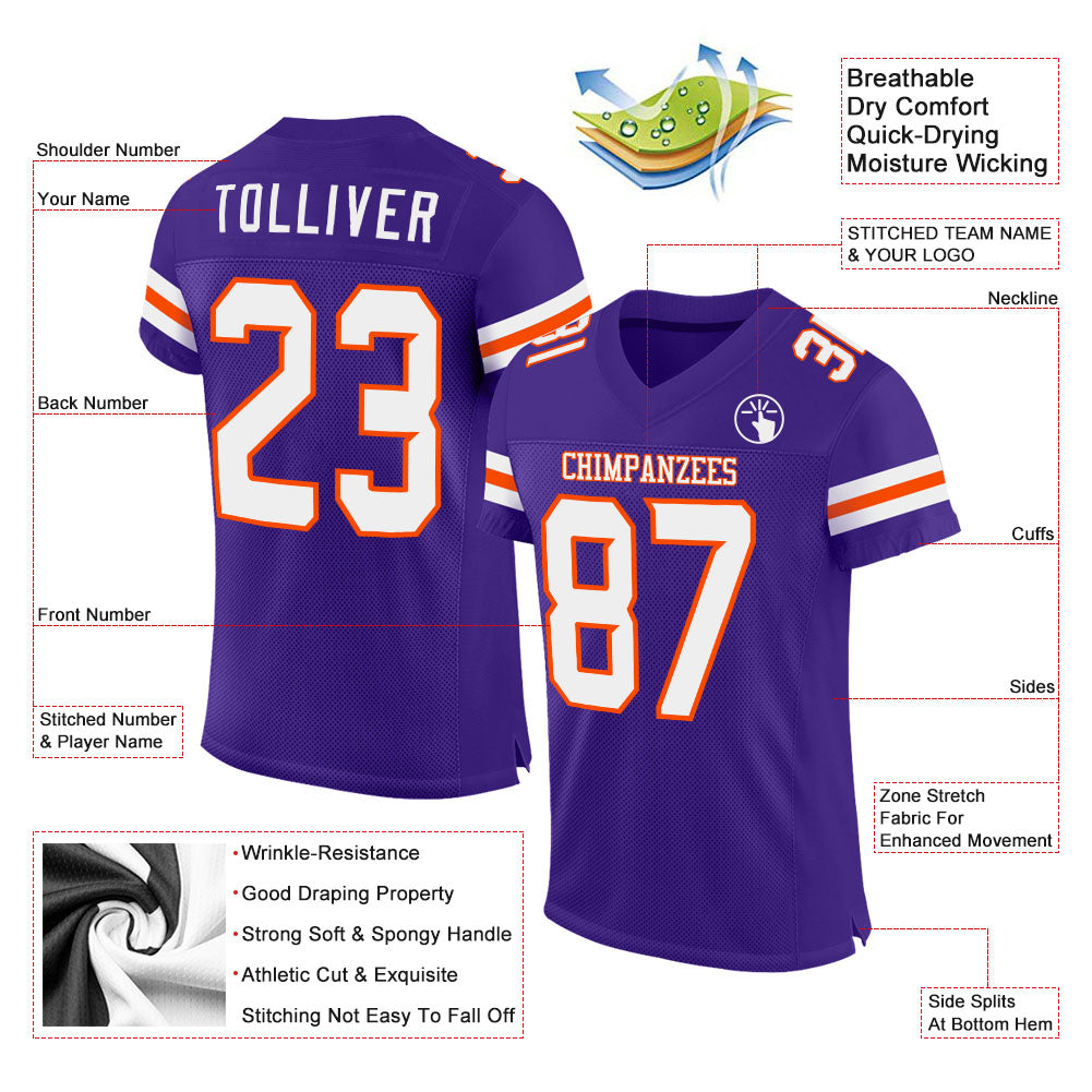 Custom Purple White-Orange Mesh Authentic Football Jersey view 2