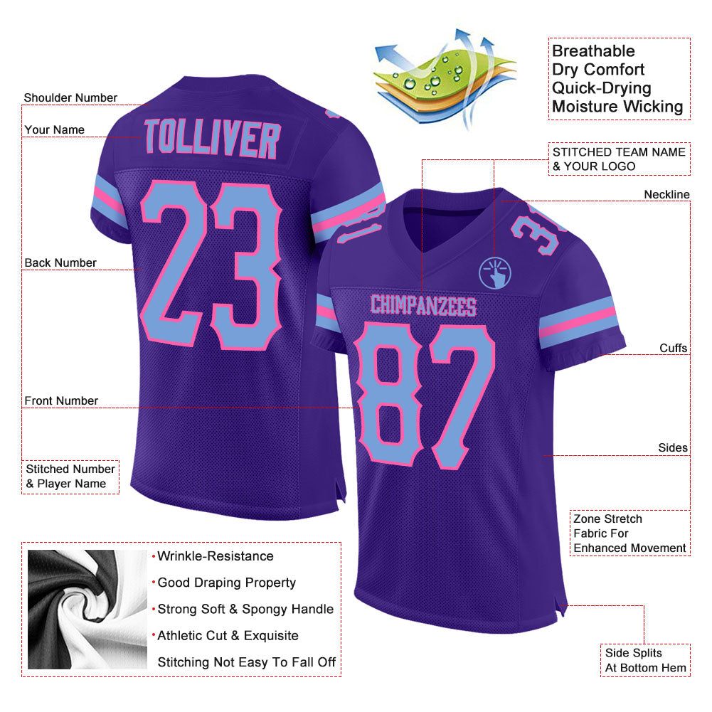 Custom Purple Light Blue-Pink Mesh Authentic Football Jersey view 2