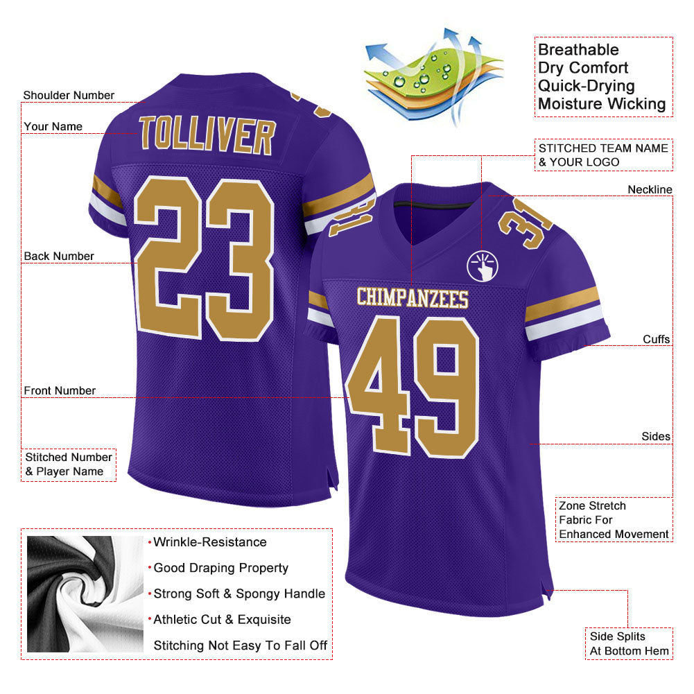 Custom Purple Old Gold-White Mesh Authentic Football Jersey view 2