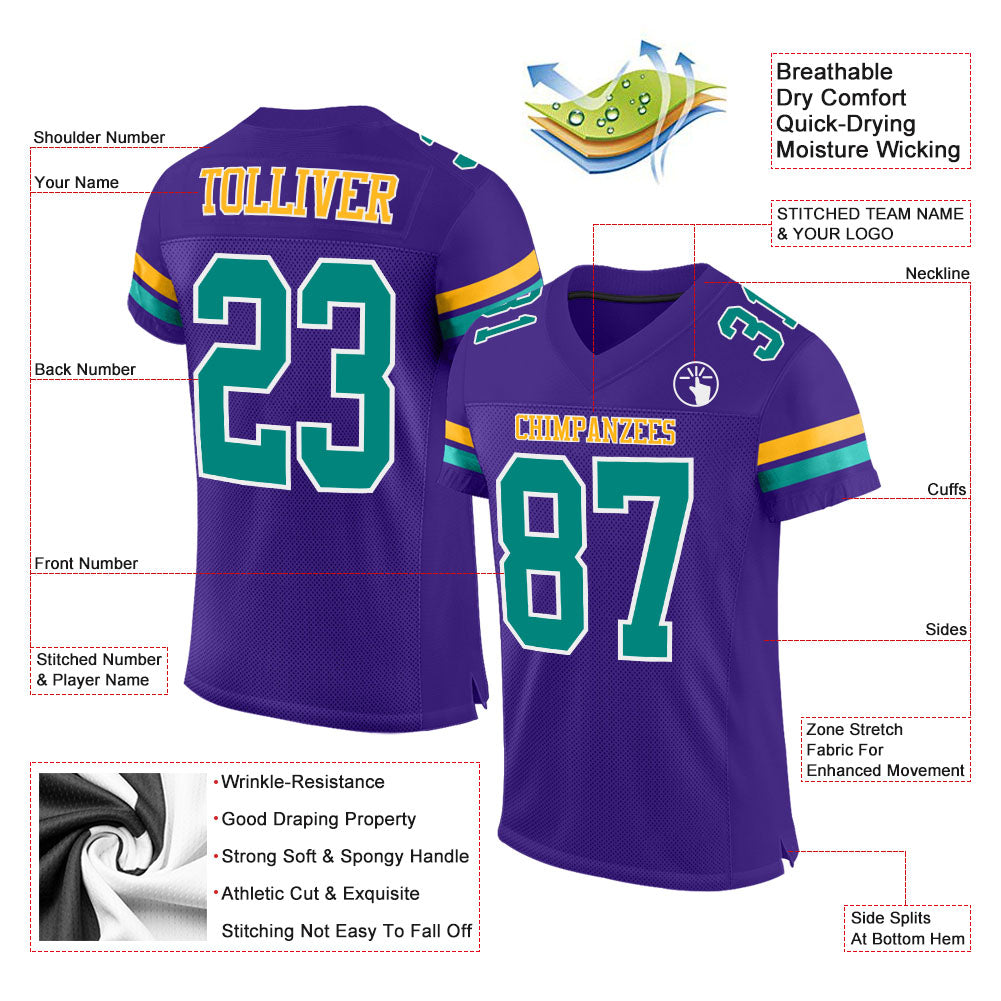 Custom Purple Aqua-Gold Mesh Authentic Football Jersey view 2