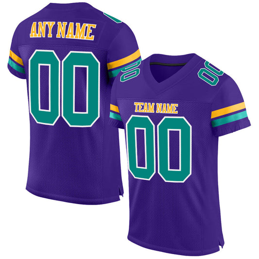 Custom Purple Aqua-Gold Mesh Authentic Football Jersey - Main View