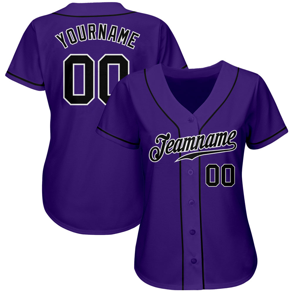 Custom Purple Black-White Authentic Baseball Jersey view 2