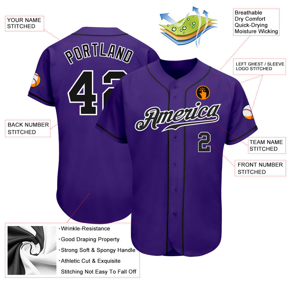 Custom Purple Black-White Authentic Baseball Jersey view 3