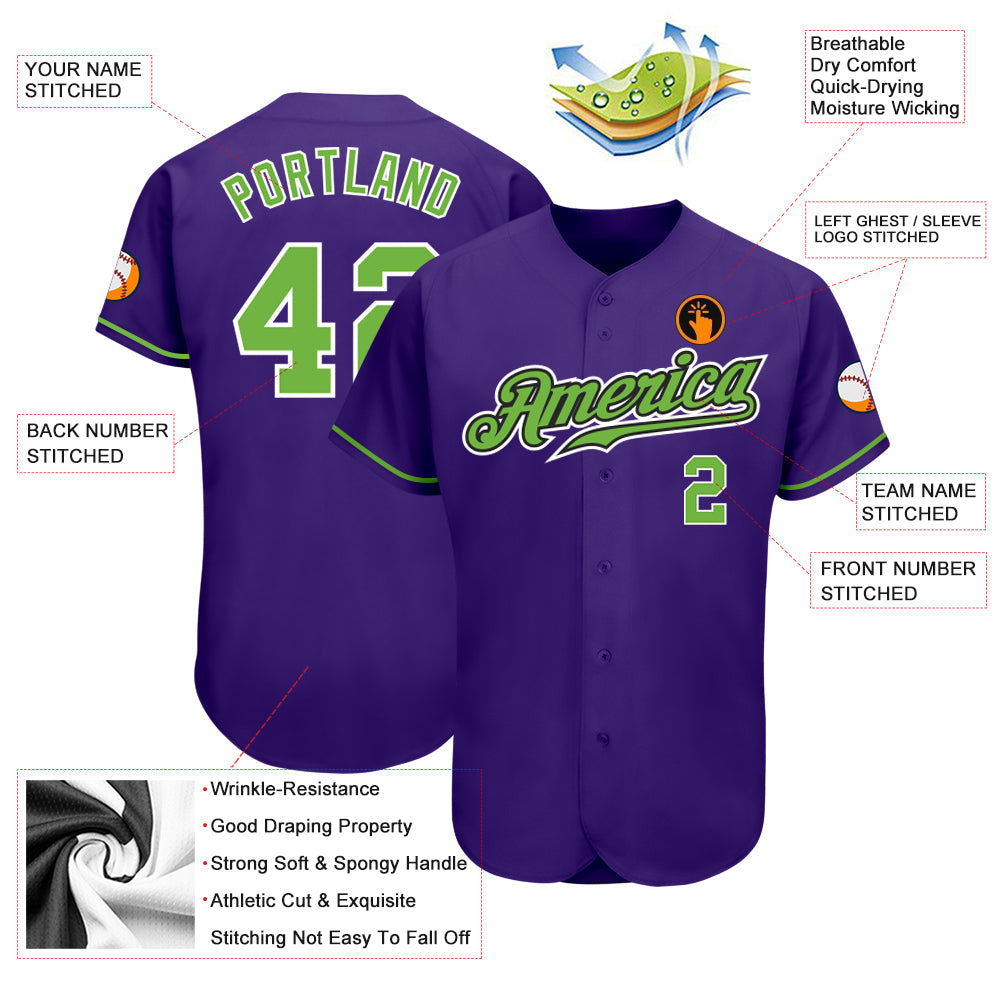 Custom Purple Neon Green-White Authentic Baseball Jersey view 3