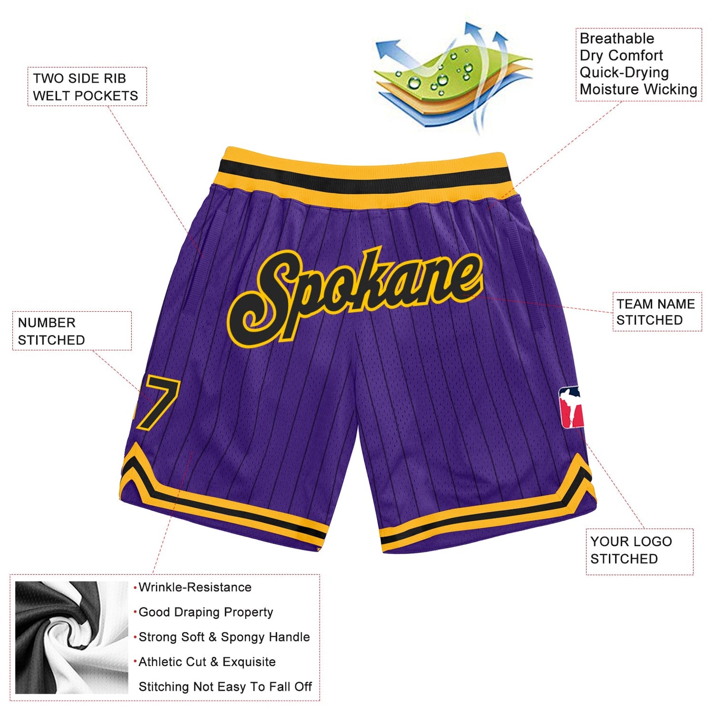Custom Purple Black Pinstripe Black-Gold Authentic Basketball Shorts view 2