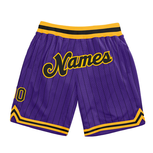 Custom Purple Black Pinstripe Black-Gold Authentic Basketball Shorts - Main View