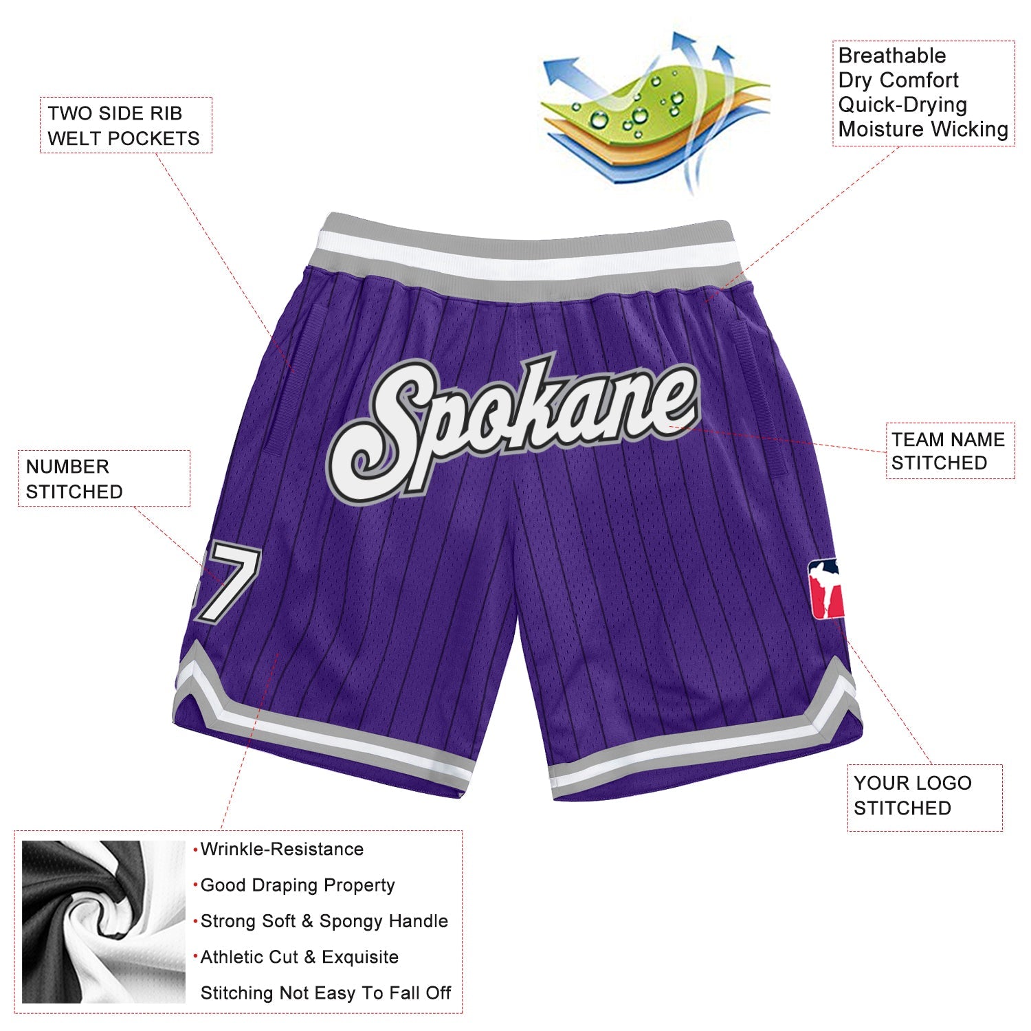 Custom Purple Black Pinstripe White-Gray Authentic Basketball Shorts view 2