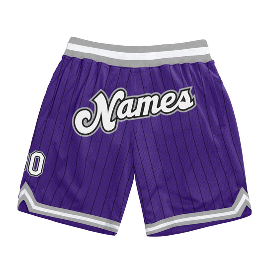 Custom Purple Black Pinstripe White-Gray Authentic Basketball Shorts - Main View