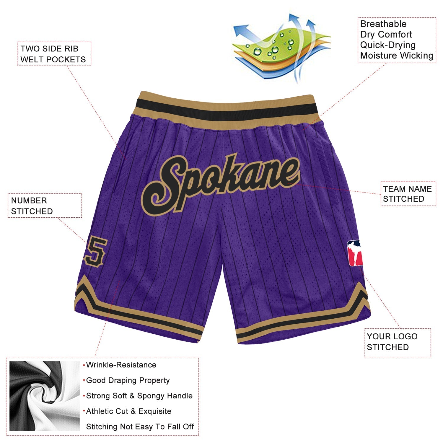 Custom Purple Black Pinstripe Black-Old Gold Authentic Basketball Shorts view 2