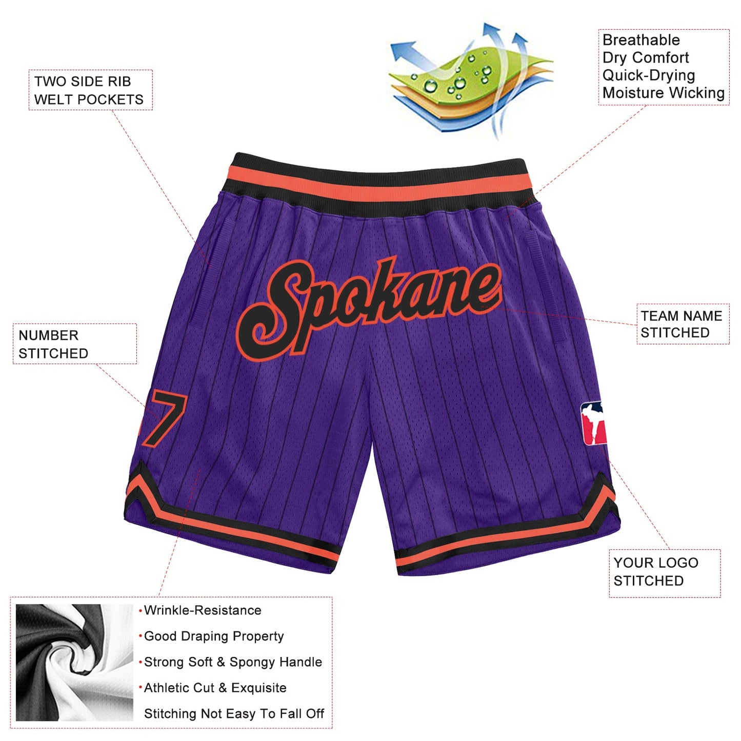 Custom Purple Black Pinstripe Black-Orange Authentic Basketball Shorts view 2