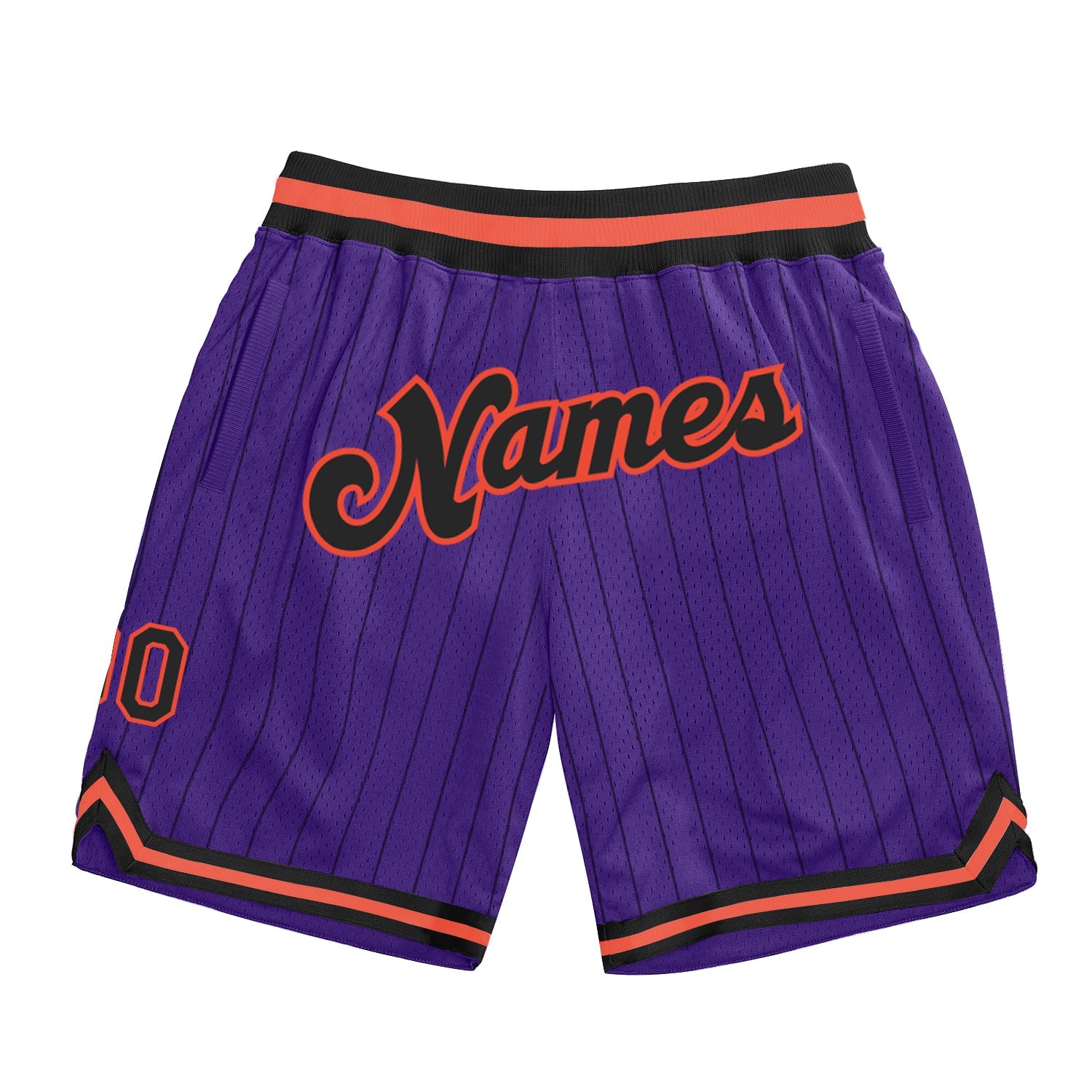 Custom Purple Black Pinstripe Black-Orange Authentic Basketball Shorts - Main View