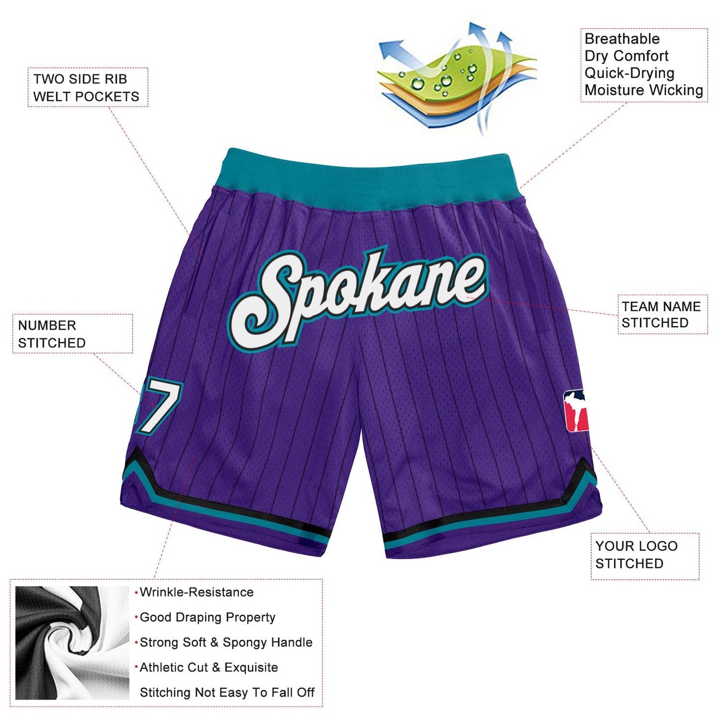 Custom Purple Black Pinstripe White-Teal Authentic Basketball Shorts view 2