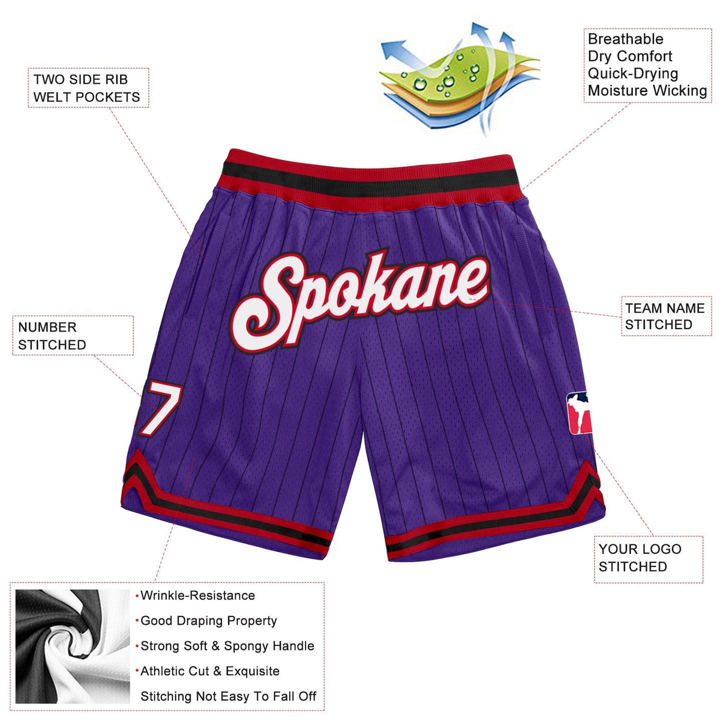 Custom Purple Black Pinstripe White-Red Authentic Basketball Shorts view 2