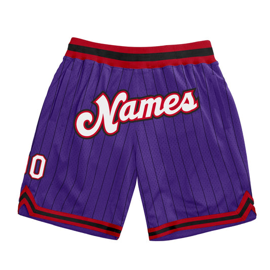 Custom Purple Black Pinstripe White-Red Authentic Basketball Shorts - Main View