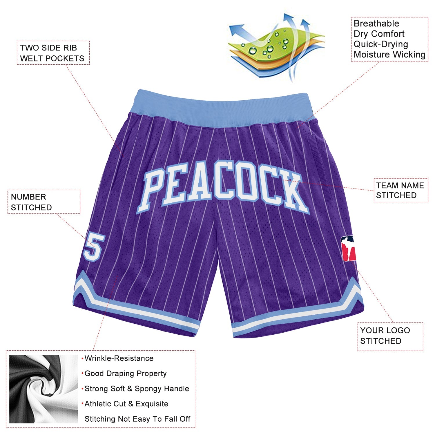 Custom Purple White Pinstripe White-Light Blue Authentic Basketball Shorts view 2