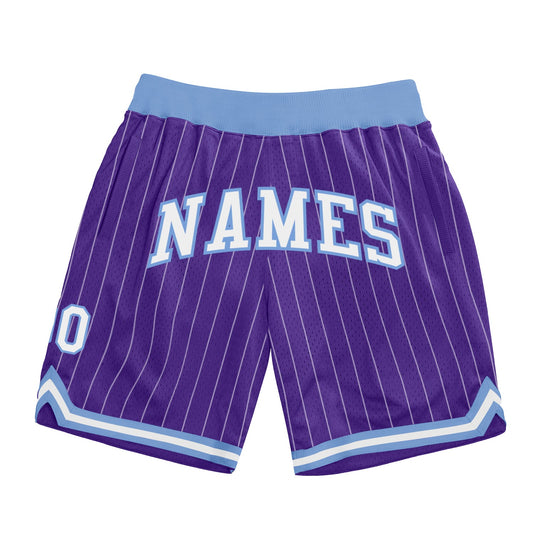 Custom Purple White Pinstripe White-Light Blue Authentic Basketball Shorts - Main View