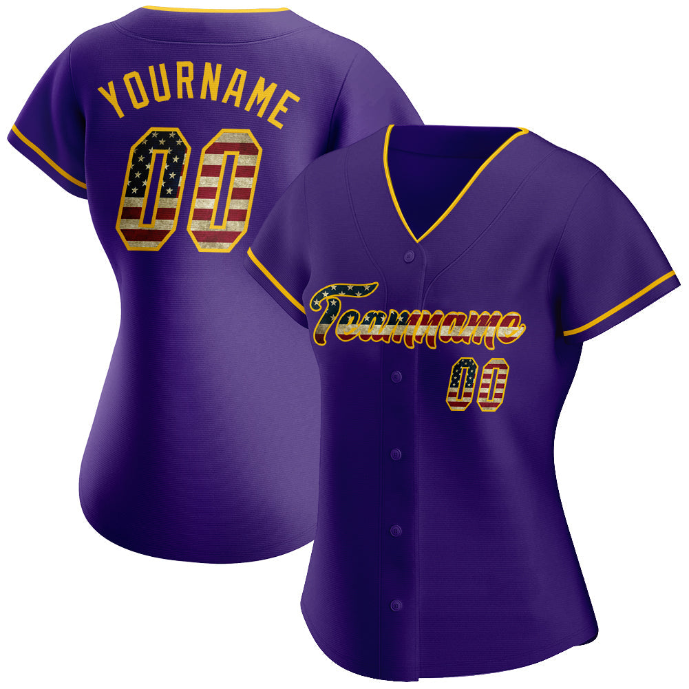Custom Purple Vintage USA Flag-Gold Authentic Baseball Jersey view 2