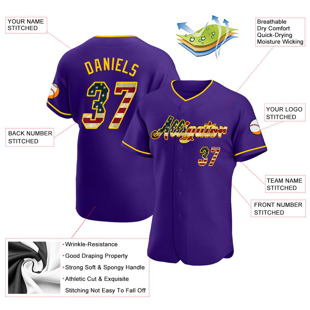 Custom Purple Vintage USA Flag-Gold Authentic Baseball Jersey view 3