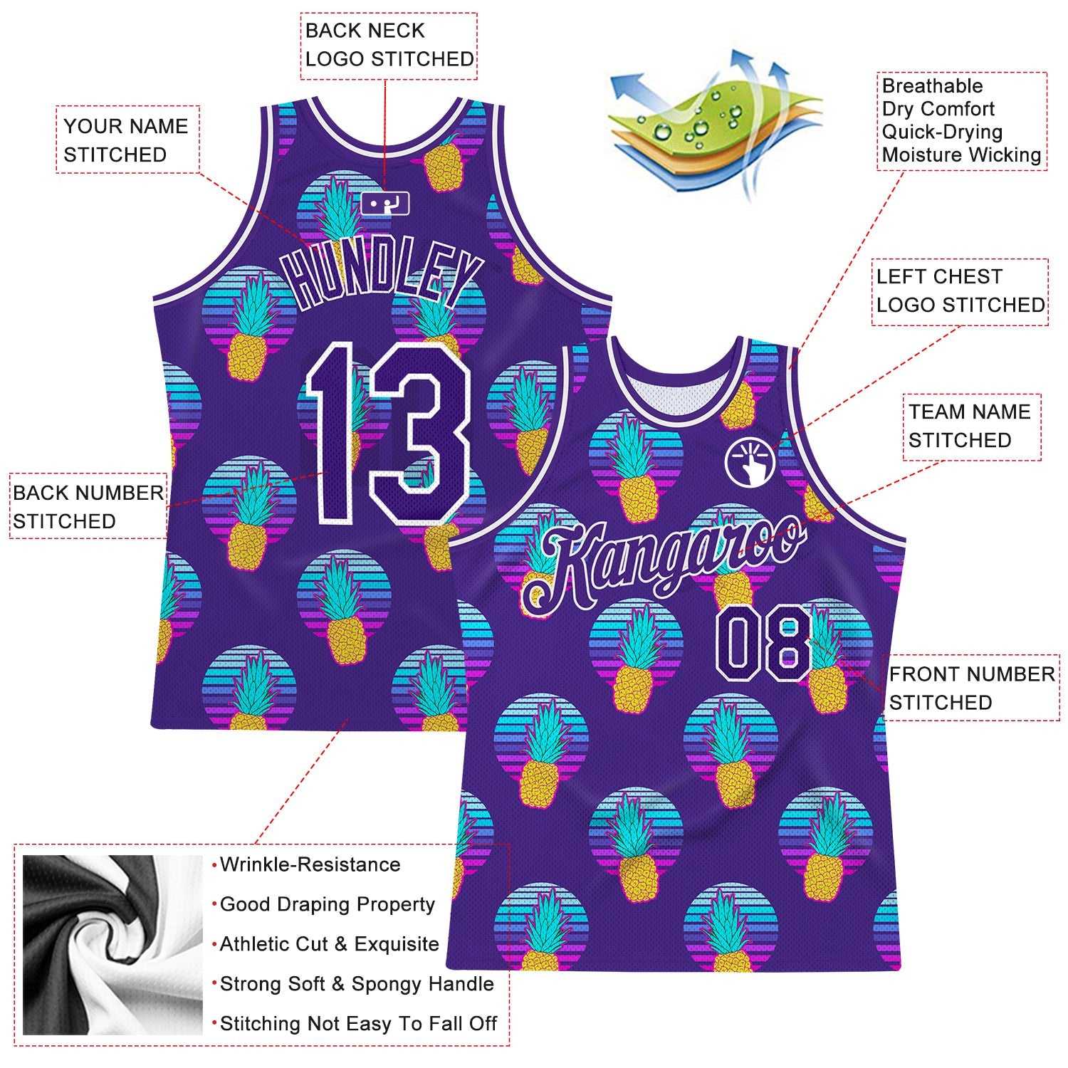 Custom Purple Purple-White 3D Pattern Design Pineapples Authentic Basketball Jersey view 2