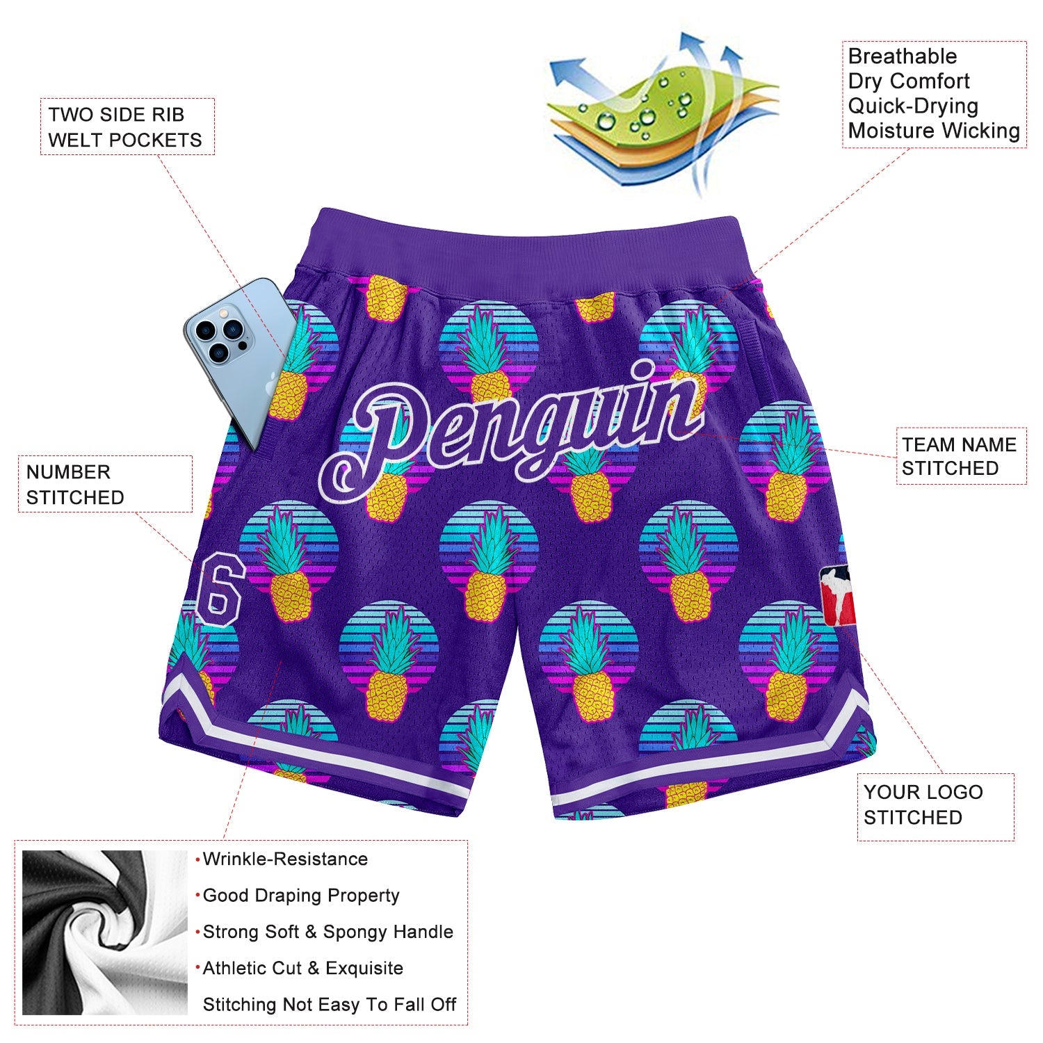 Custom Purple Purple-White 3D Pattern Design Pineapples Authentic Basketball Shorts view 2