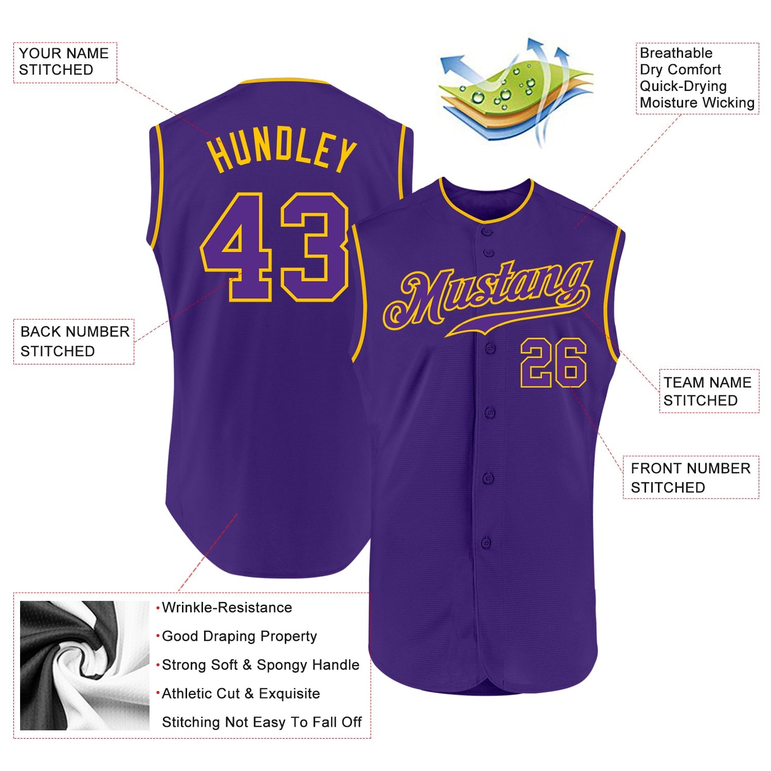 Custom Purple Purple-Gold Authentic Sleeveless Baseball Jersey view 2