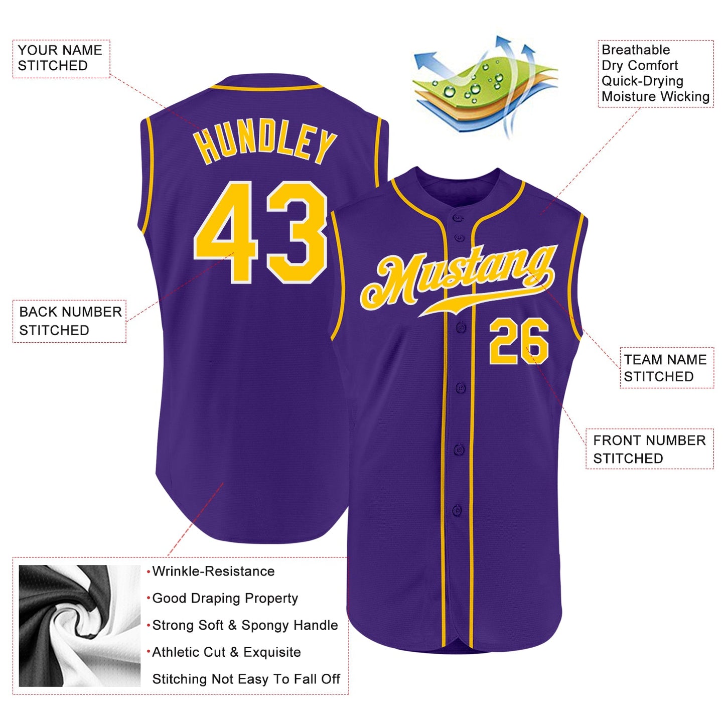 Custom Purple Gold-White Authentic Sleeveless Baseball Jersey view 2