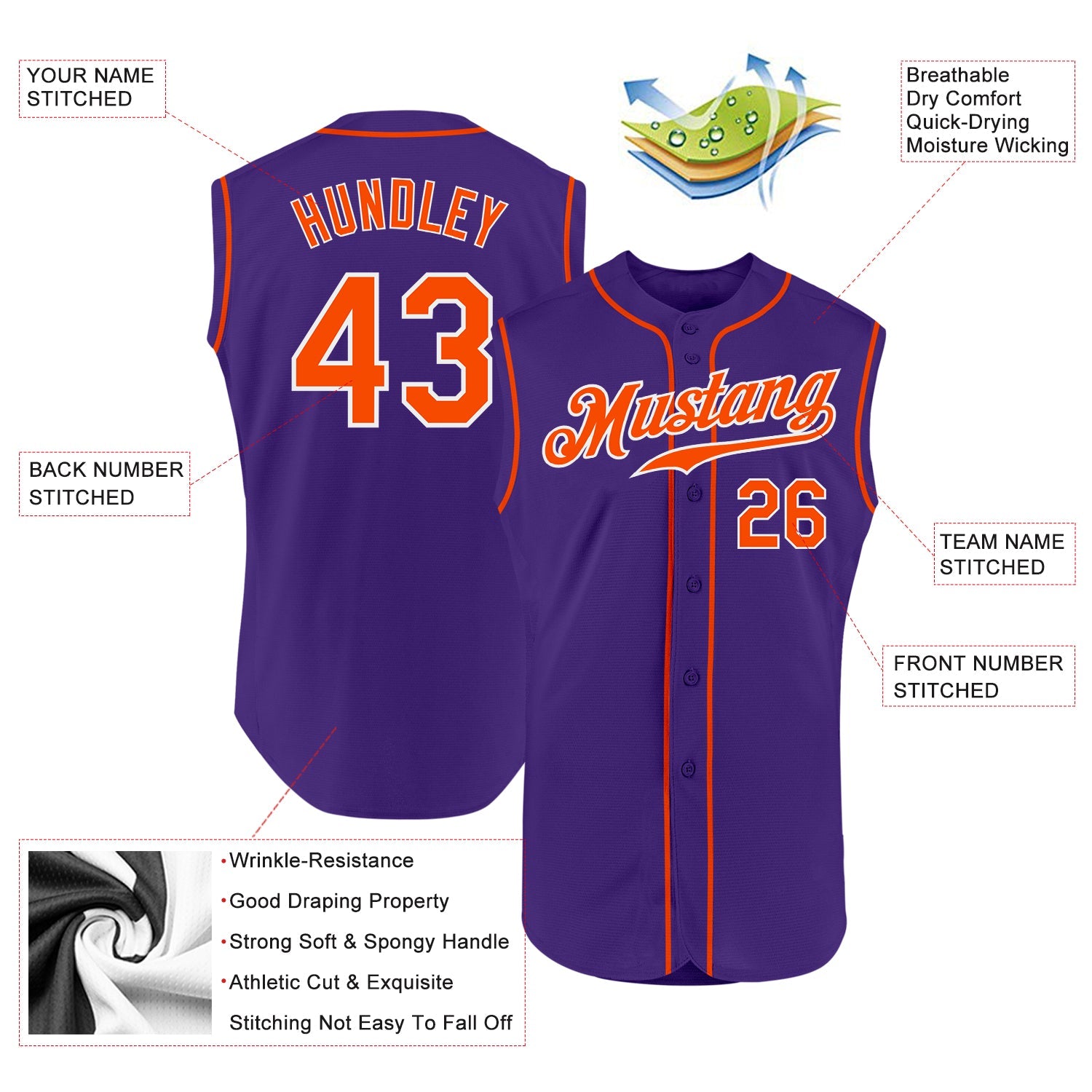 Custom Purple Orange-White Authentic Sleeveless Baseball Jersey view 2