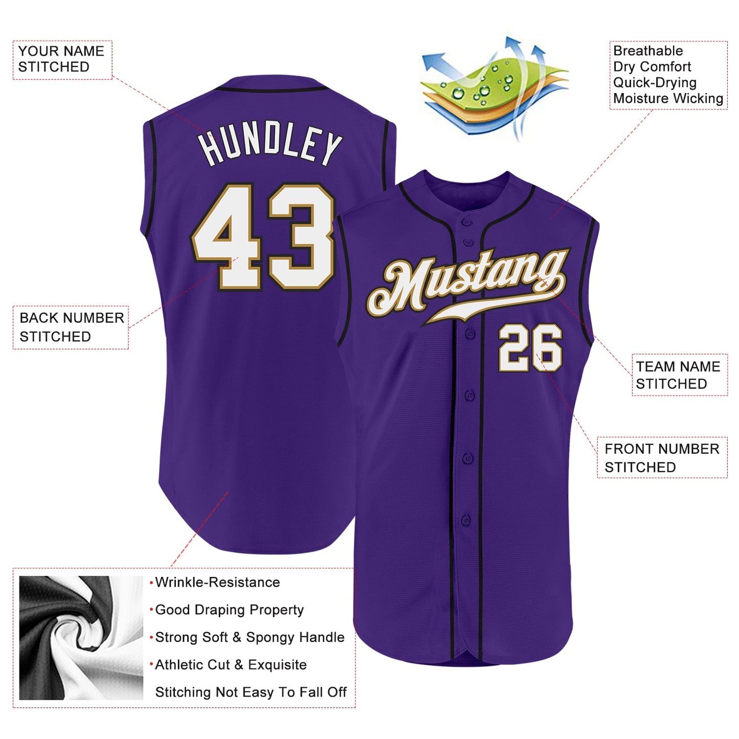 Custom Purple White-Old Gold Authentic Sleeveless Baseball Jersey view 2