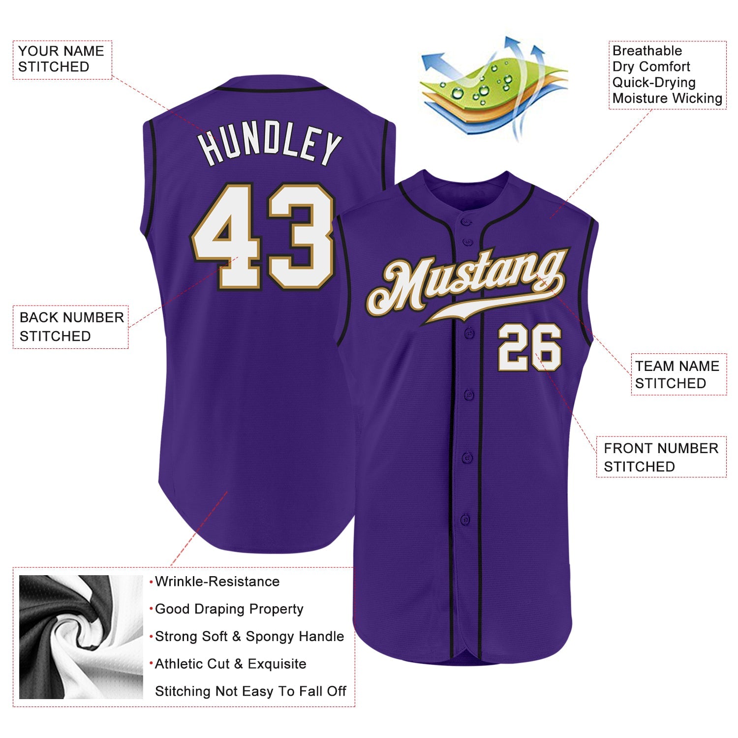 Custom Purple White-Old Gold Authentic Sleeveless Baseball Jersey view 2