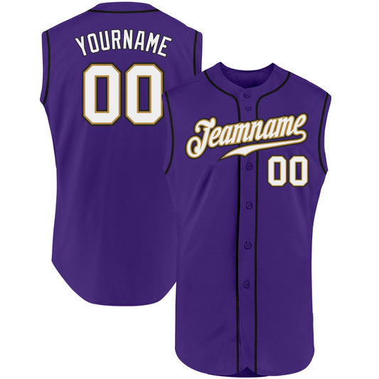 Custom Purple White-Old Gold Authentic Sleeveless Baseball Jersey - Main View