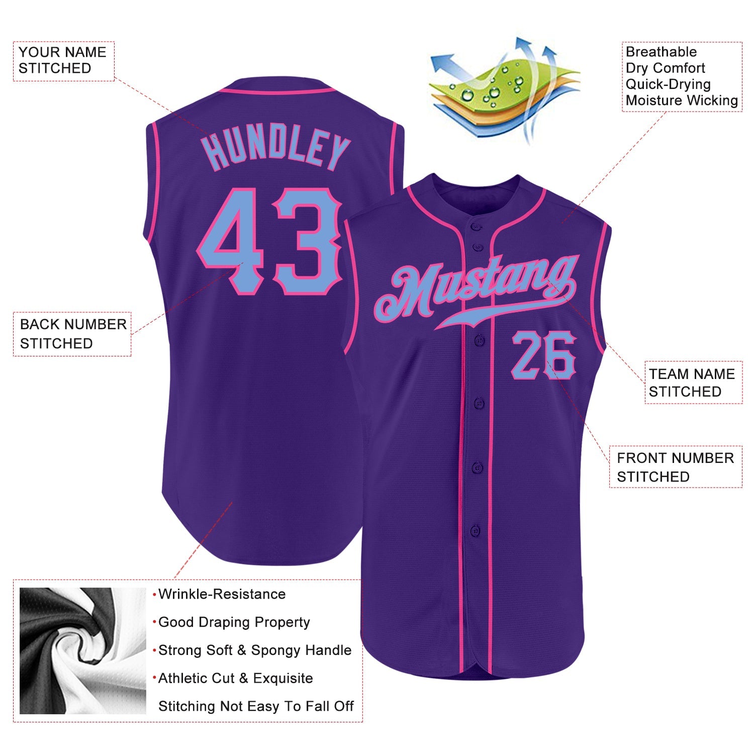 Custom Purple Light Blue-Pink Authentic Sleeveless Baseball Jersey view 2
