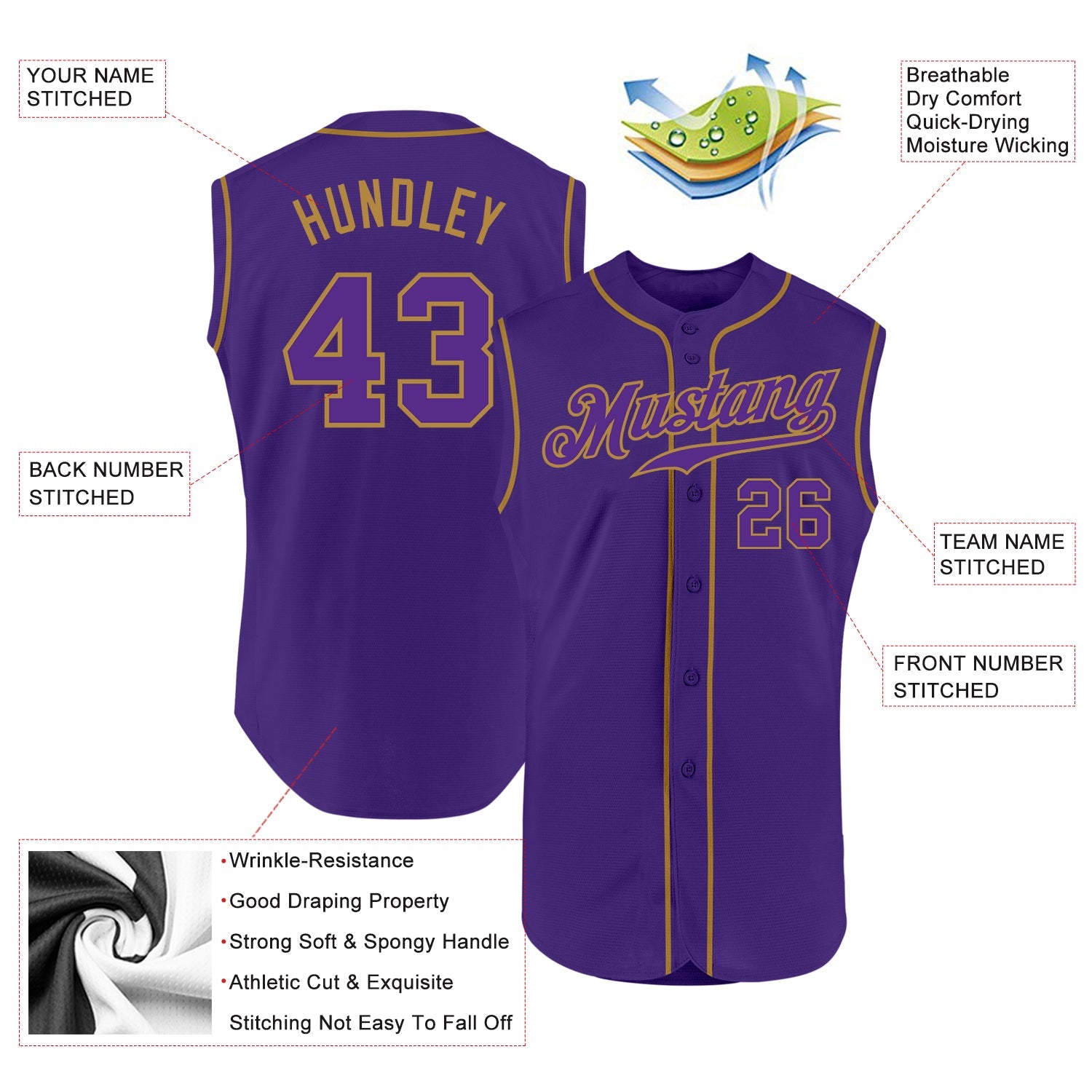 Custom Purple Purple-Old Gold Authentic Sleeveless Baseball Jersey view 2