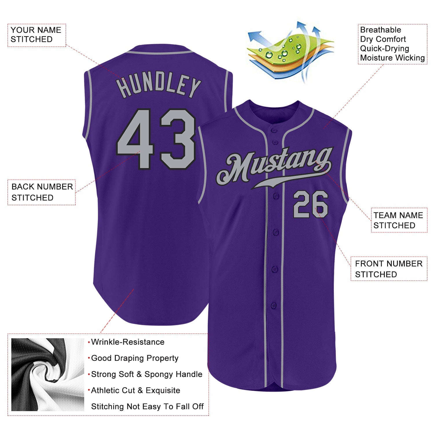 Custom Purple Gray-Black Authentic Sleeveless Baseball Jersey view 2