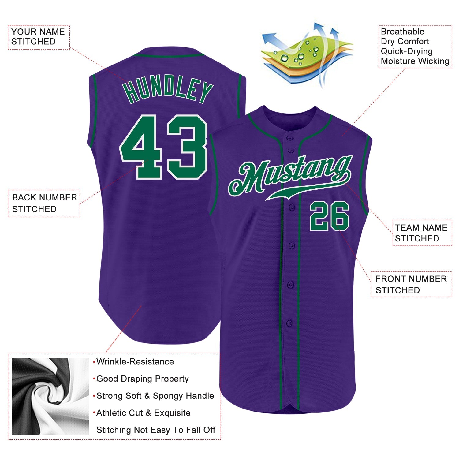 Custom Purple Kelly Green-White Authentic Sleeveless Baseball Jersey view 2