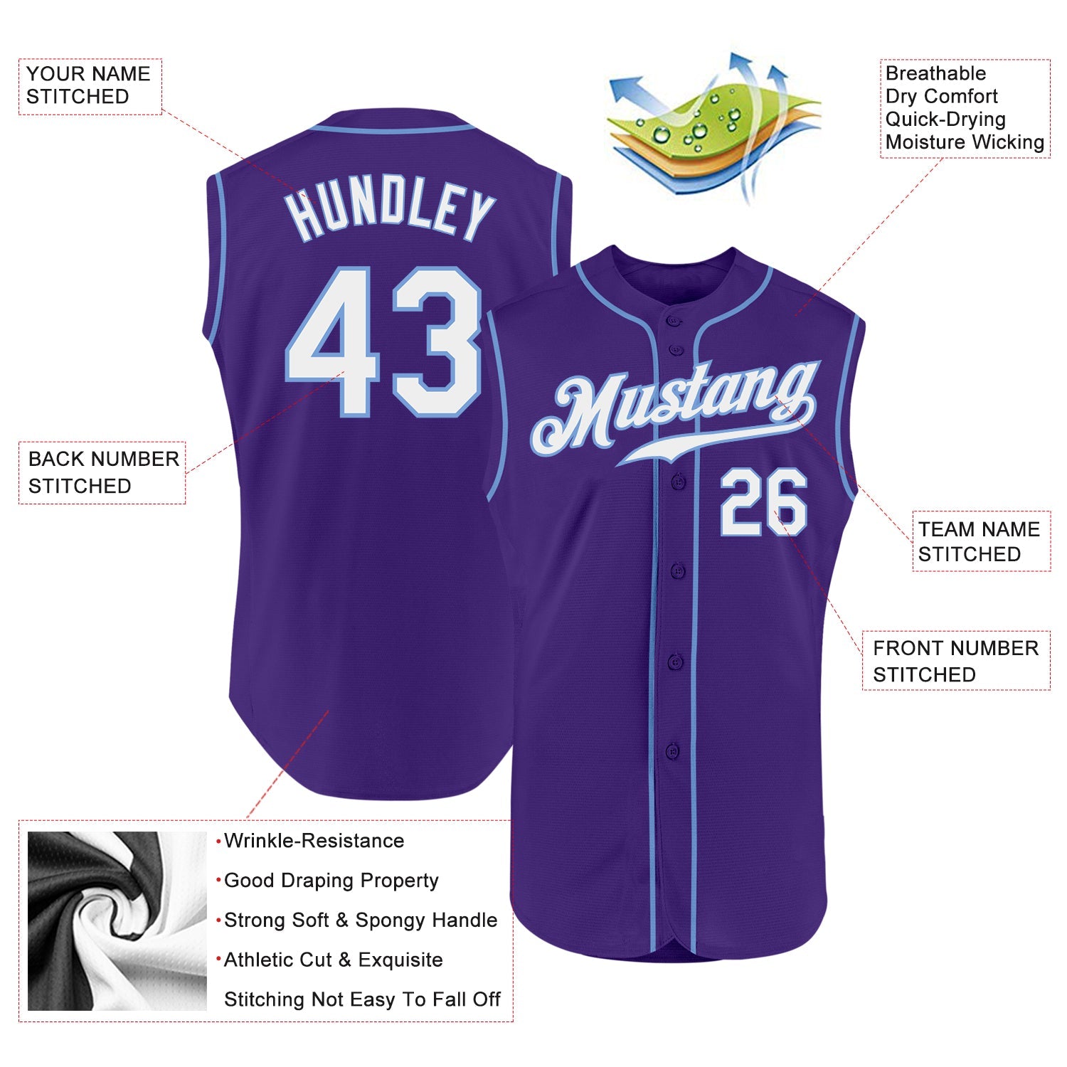 Custom Purple White-Light Blue Authentic Sleeveless Baseball Jersey view 2