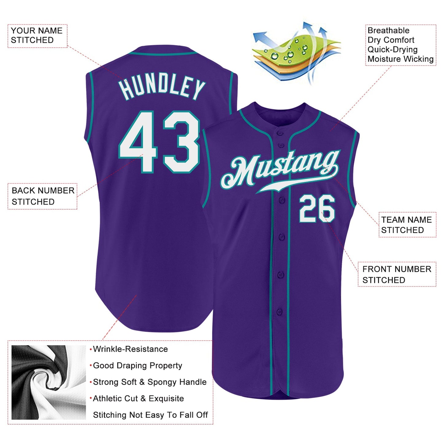 Custom Purple White-Teal Authentic Sleeveless Baseball Jersey view 2