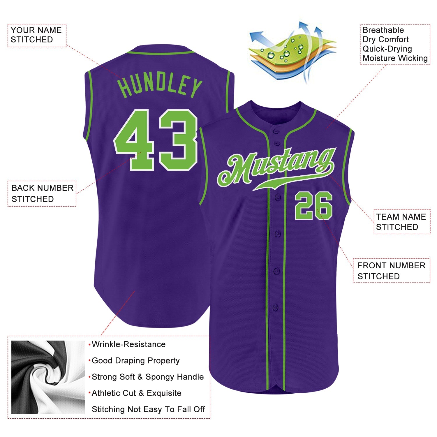 Custom Purple Neon Green-White Authentic Sleeveless Baseball Jersey view 2