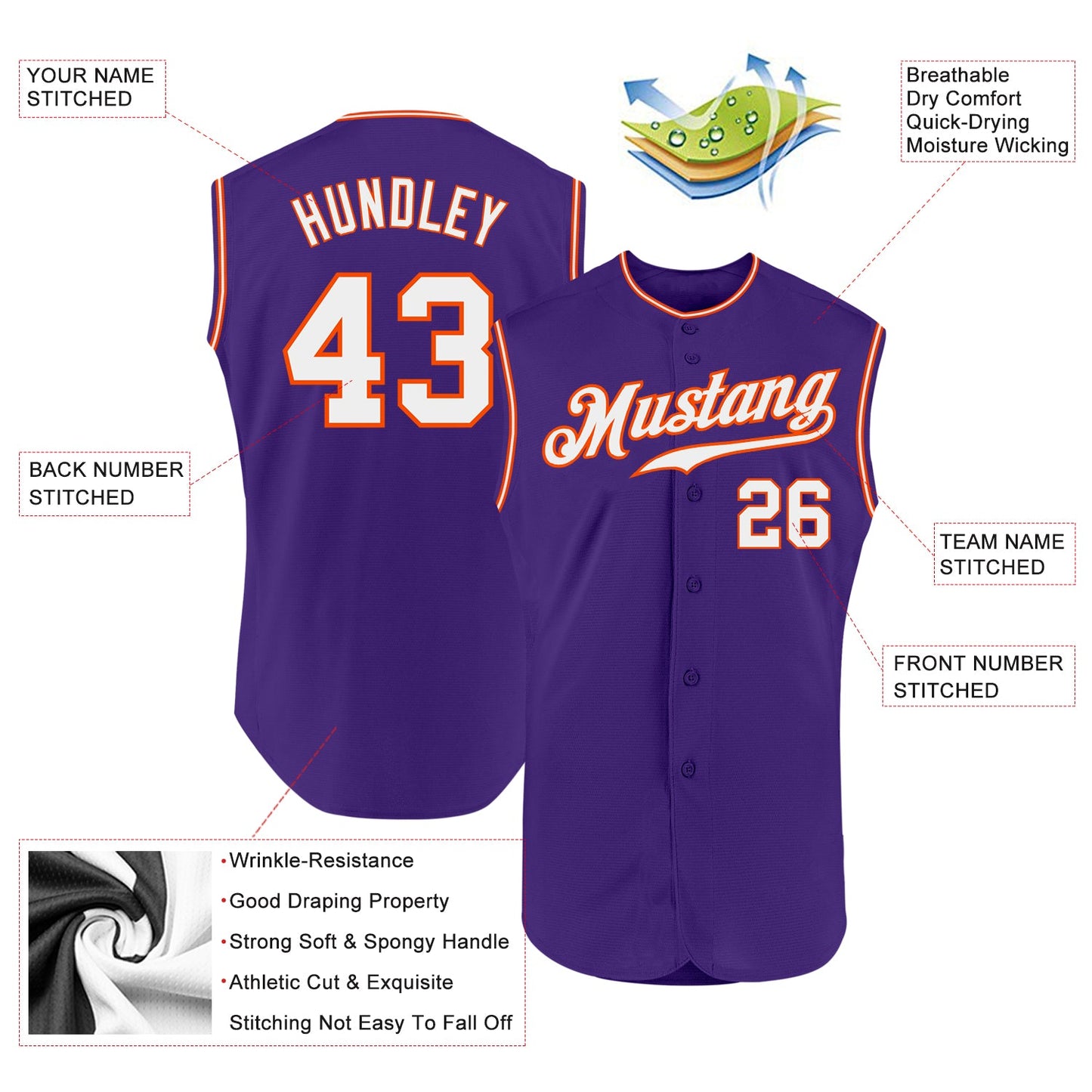 Custom Purple White-Orange Authentic Sleeveless Baseball Jersey view 2