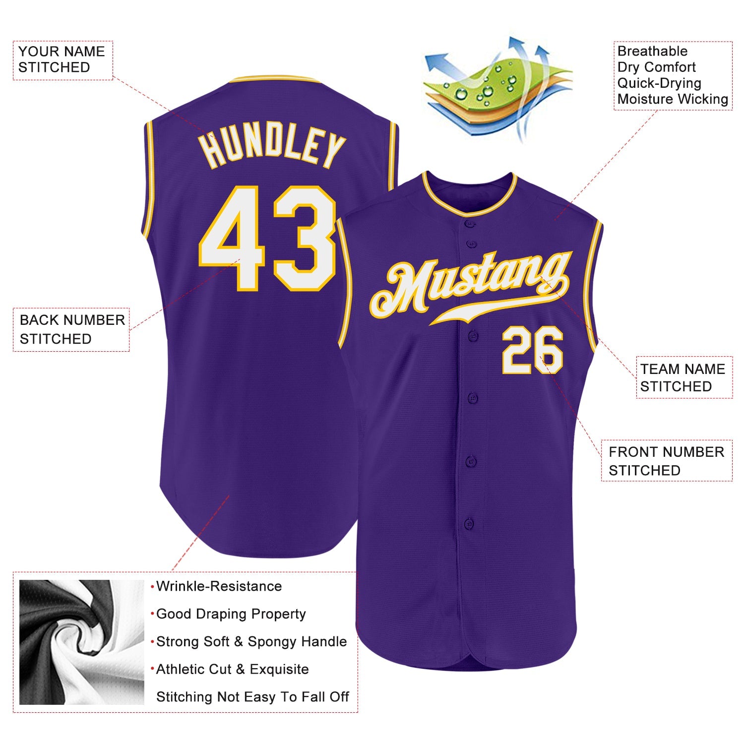 Custom Purple White-Gold Authentic Sleeveless Baseball Jersey view 2