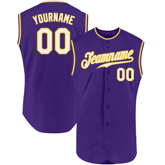 Custom Purple White-Gold Authentic Sleeveless Baseball Jersey - Main View