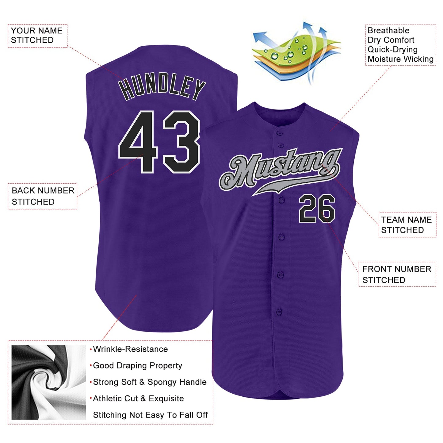 Custom Purple Black-White Authentic Sleeveless Baseball Jersey view 2