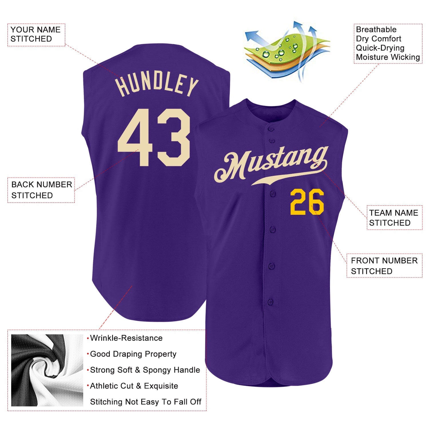 Custom Purple Cream-Gold Authentic Sleeveless Baseball Jersey view 2