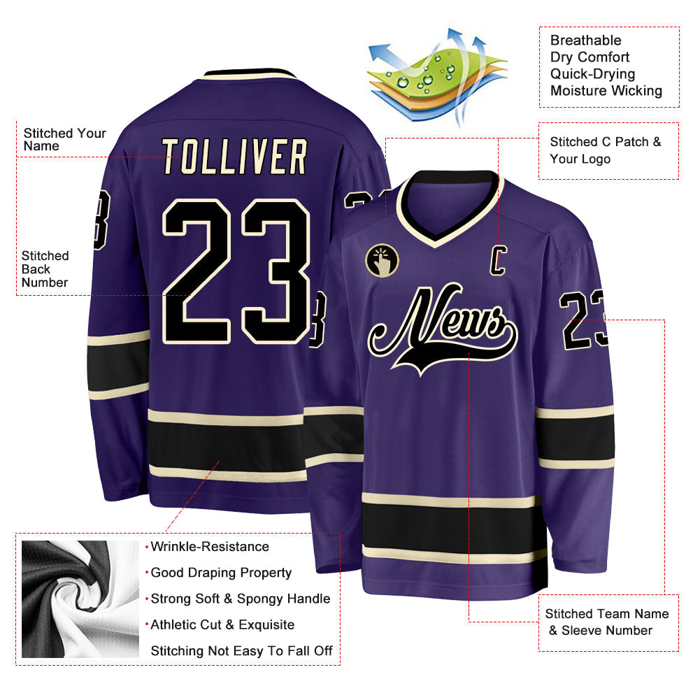 Custom Purple Black-Cream Hockey Jersey view 2