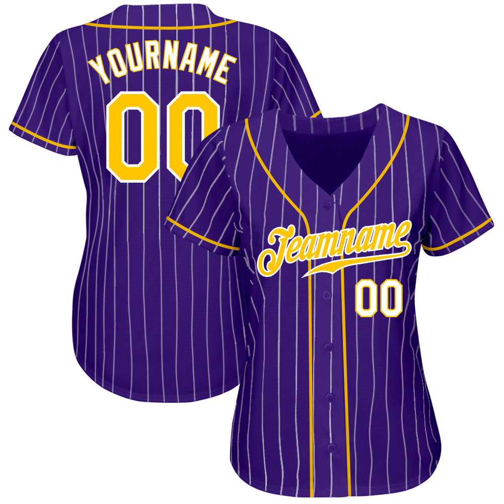Custom Purple White Pinstripe Gold-White Authentic Baseball Jersey view 3