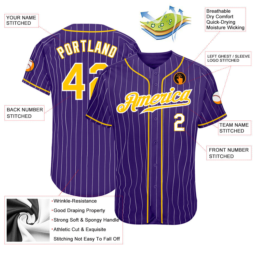 Custom Purple White Pinstripe Gold-White Authentic Baseball Jersey view 4