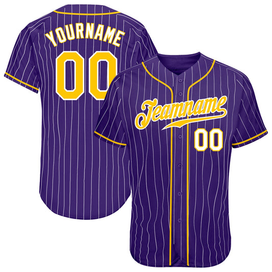 Custom Purple White Pinstripe Gold-White Authentic Baseball Jersey - Main View