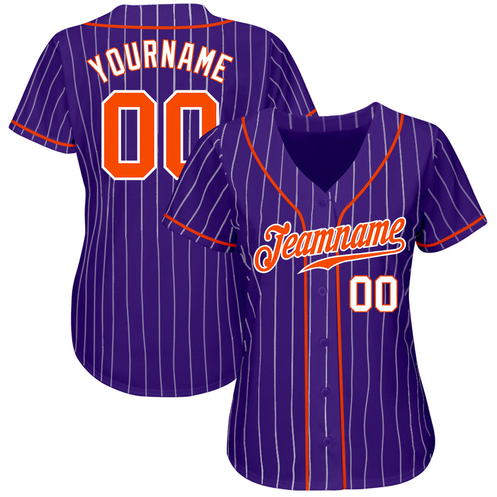 Custom Purple White Pinstripe Orange-White Authentic Baseball Jersey view 2