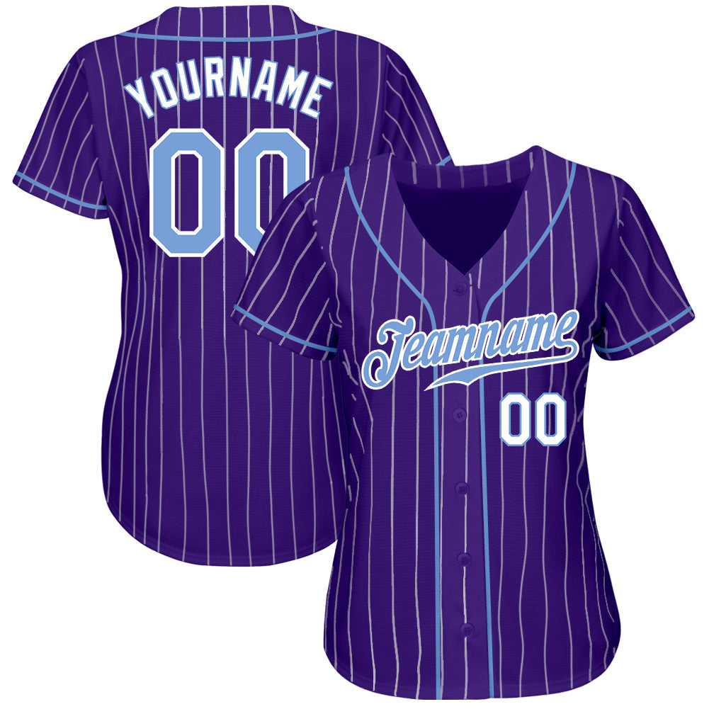 Custom Purple White Pinstripe Light Blue-White Authentic Baseball Jersey view 2